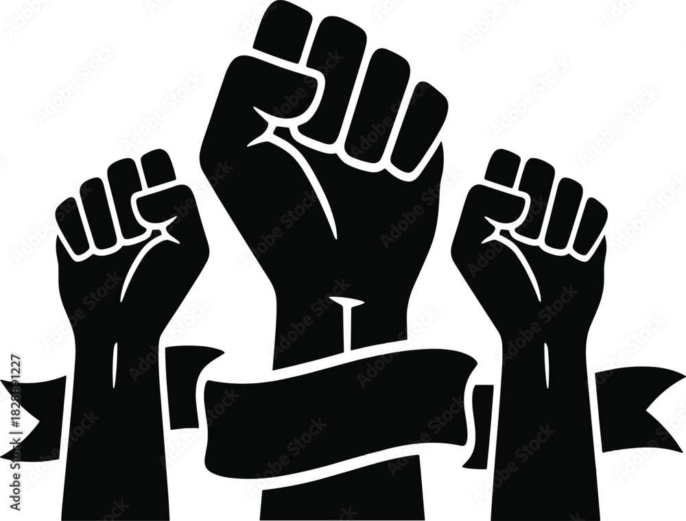 Obraz premium Three raised fists with a ribbon banner below them, symbolizing unity, solidarity, and protest on transparent background