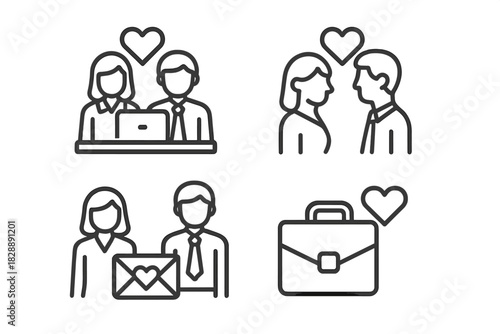Business relationship and romance symbols with hearts and professional elements