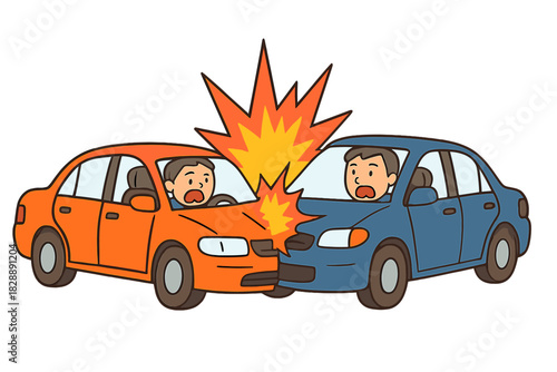 Head-on collision between two passenger cars showing shocked drivers reacting to the sudden impact