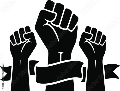 Three raised fists with a ribbon banner below them, symbolizing unity, solidarity, and protest on transparent background