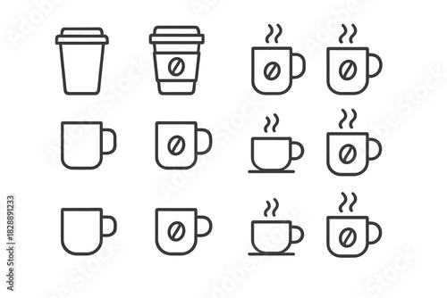 Simple minimalist line art style design elements showing various hot coffee cups and beverage mugs