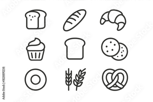 Collection of outline icons featuring various baked goods and pastry items