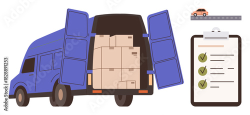 Delivery van with open doors revealing packed boxes, checklist with marked tasks, and road with moving car. Ideal for shipping, logistics, planning, efficiency, organization, inventory transport