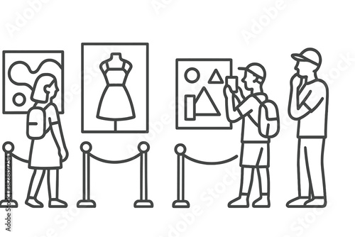 Gallery patrons viewing modern art, abstract paintings, and fashion displays behind velvet ropes