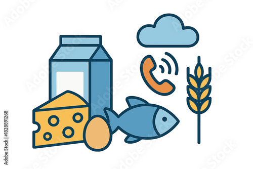 Icons representing essential food groups like dairy, seafood, and grains combined with communication technology symbols