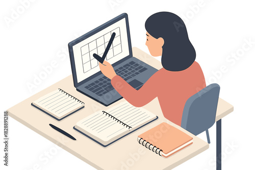 Woman completing a task on a laptop screen with a large checkmark on a calendar grid