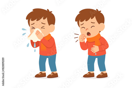 Young boy sneezing into a tissue and coughing due to cold, flu, or allergies