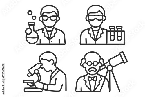 Scientific professional symbols featuring chemists, biologists, and astronomers