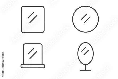 Set of various mirror shapes including round, square, oval, and standing designs for bathroom or home decoration