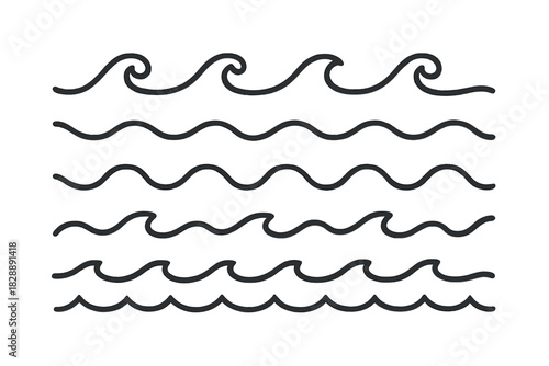 Simple black outline wave patterns and water lines set for nautical and marine design