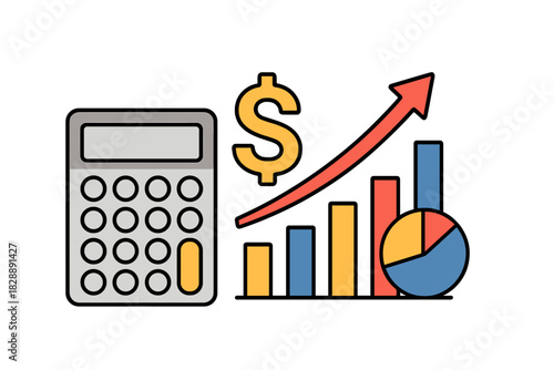Calculator, dollar sign, and rising bar chart representing financial growth and success