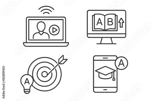 Linear symbols representing distance learning, online education, video lectures, and academic goals
