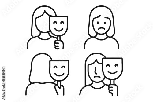 Woman hiding sadness behind a happy mask, symbolizing emotional concealment and social facade