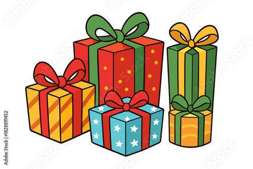 Stack of brightly colored presents wrapped with bows for Christmas or birthday celebrations