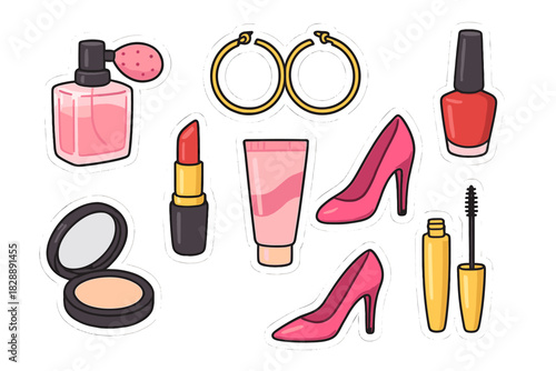 Colorful beauty products and fashion accessories set as individual stickers