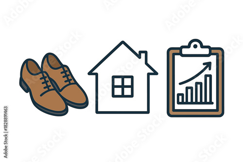 Business shoes, house outline, and financial growth chart on a clipboard for career concepts