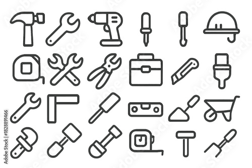 Outline icons set of construction, repair, and home improvement tools and equipment