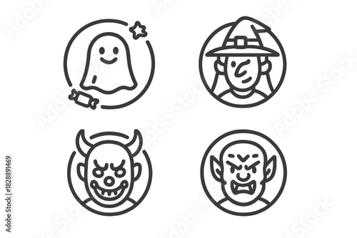 Set of Halloween character avatars featuring ghost, witch, devil, and angry monster faces