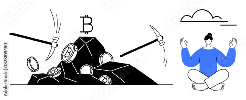 Mining tools extracting Bitcoin from rocks as coins scatter. Calm meditating person emphasizes balance in digital work. Ideal for cryptocurrency, investments, balance, mindfulness, technology