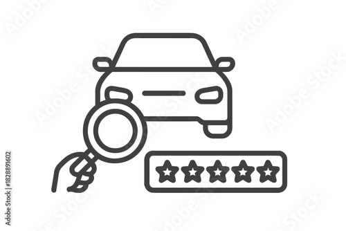 Hand holding magnifying glass checking car quality rating with five stars