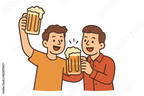Smiling male friends enjoying drinks together, holding up full glasses of cold beer