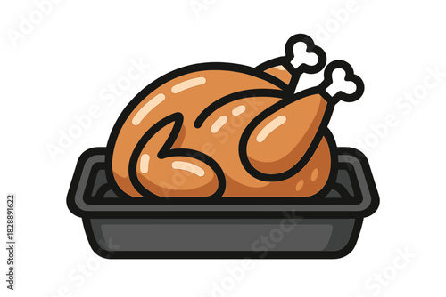 Appetizing roasted whole poultry served in a dark pan for festive holiday meal