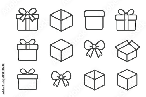 Outline symbols showing various gift boxes, present packaging, open containers, and decorative ribbon bows
