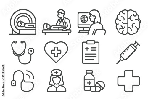 Large collection of outline icons for healthcare, medical services, diagnosis, and treatment