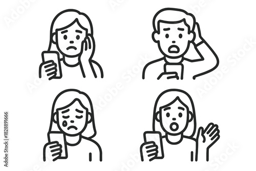 Collection of four avatars showing people reacting to bad news or problems on their mobile phones