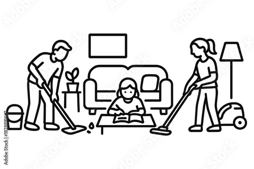 Mother and father cleaning and tidying the living room while their daughter reads a book on the couch