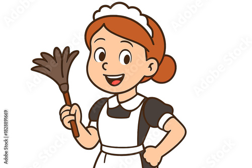 Happy cartoon maid character holding a feather duster ready for cleaning service