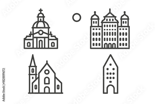 Minimalist outline icons of European historical architecture and city landmarks