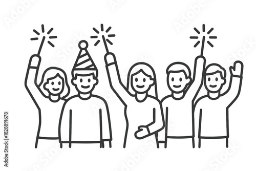 Diverse happy people celebrating an event holding sparklers and wearing party hats