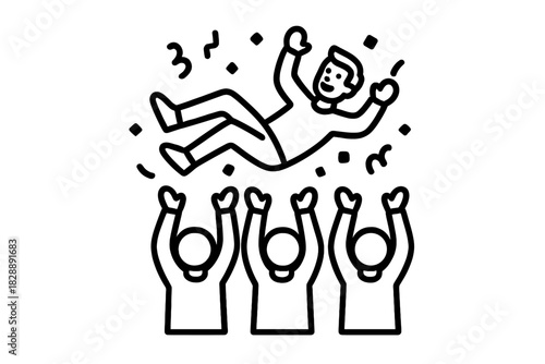 Team celebrating achievement by lifting a happy person high above the crowd