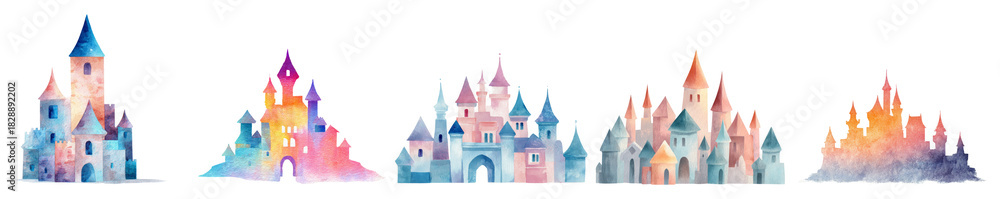 Fototapeta premium Watercolor fantasy castles with magical colorful towers and whimsical isolated on transparent background