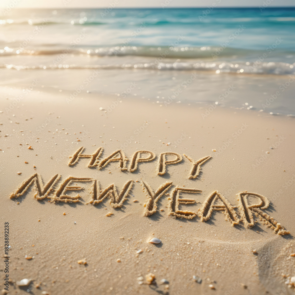 Fototapeta premium Happy New Year écrit sur le sable d’une plage tropicale