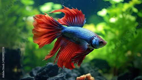 Betta fish (Siamese fighting fish) gliding in clear freshwater aquarium amid lush green plants and dark rocks, showing vivid blue body and flowing red fins, serene and detailed