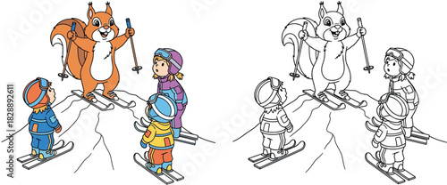 Cute Squirrel Ski Instructor with Children Winter Ski Lesson Cartoon Illustration, Kids Activity Art and Coloring Page Design