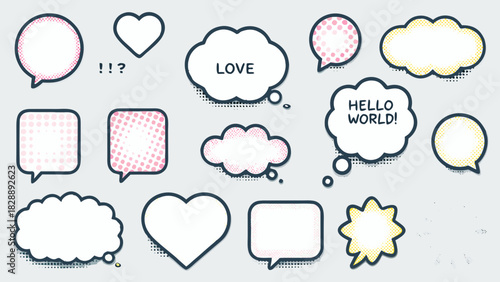 Colorful speech bubbles and shapes with various expressions and text elements