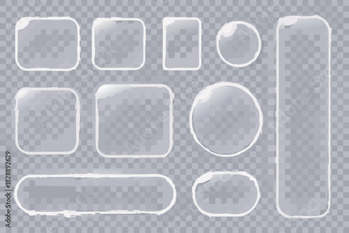 Collection of transparent glass shapes and bubbles on a checkered background