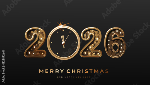 Golden new year 2026 clock design with festive christmas greetings