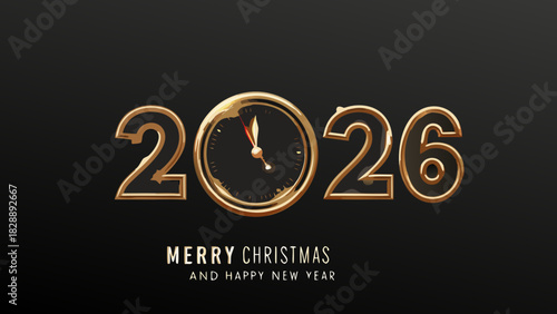 Golden new year 2026 countdown clock with festive christmas greetings