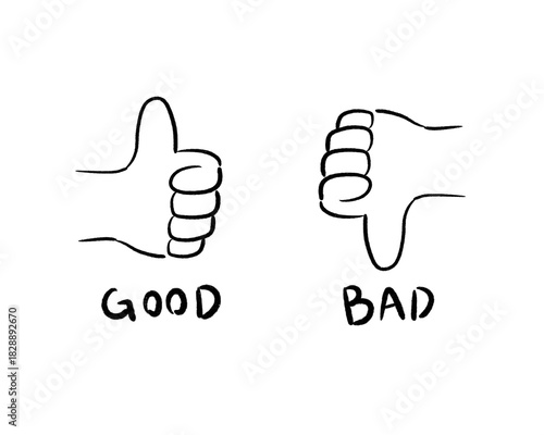 手描き風 グッド・バッド サイン (いいね/よくないね) 白黒 Hand-Drawn Good and Bad Sign (Thumbs Up / Thumbs Down) Monochrome