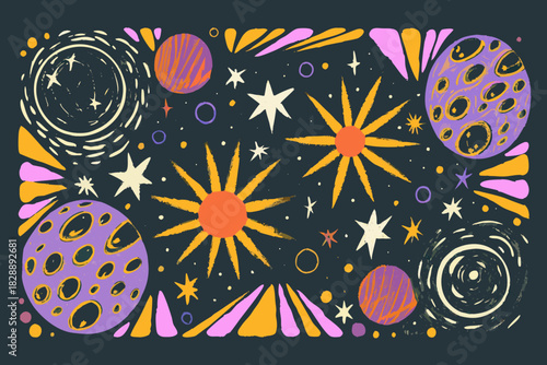 Colorful illustration of planets stars and celestial bodies in space