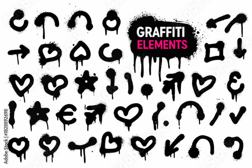 A collection of diverse black spray paint graffiti elements and designs
