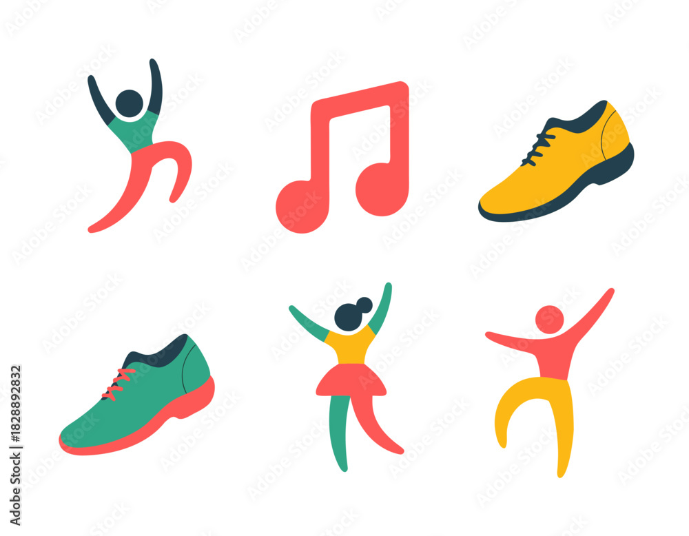 Obraz premium Colorful flat icons set, active people dancing, music note, running shoes