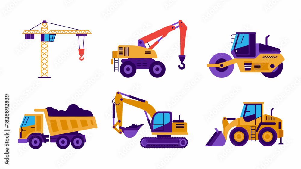 Naklejka premium Construction site vehicles and heavy machinery, industrial equipment set