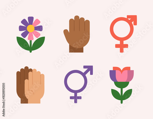 Diversity, equity, inclusion, gender symbols, and floral icons, flat design