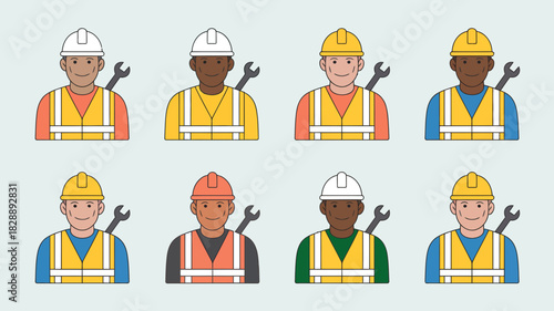 Diverse construction workers, hard hats, safety vests, professional tools