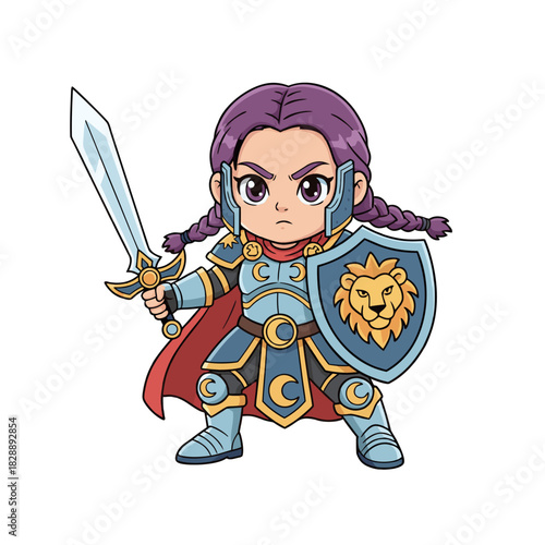 Pixel Art Chibi Fantasy Warrior Girl With Sword And Shield Detailed Armor And Braids Ready For Adventure